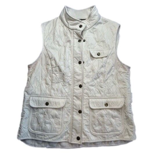Talbots Women’s Medium Beige Puffer Vest Button Snap Fleece Lined Side Pockets - Picture 1 of 7